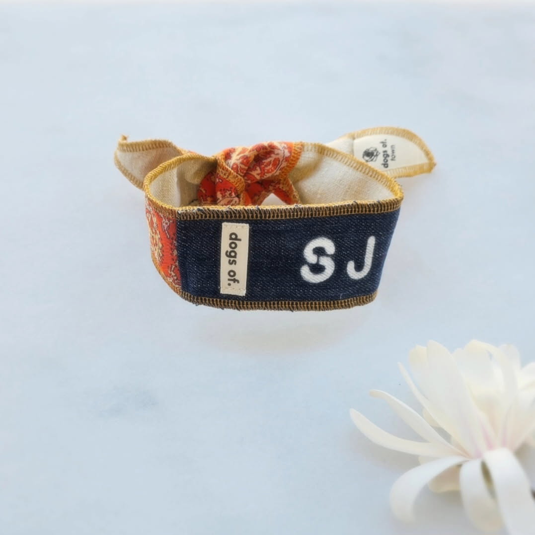 Japanese silk and dark blue denim local dog scarf.